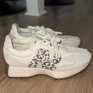 New Balance 327 Cream and Tan Sneakers with Leopard Print